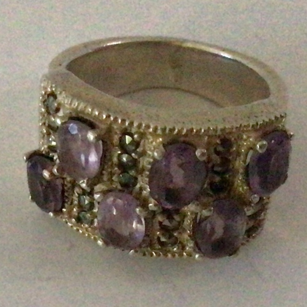 Sterling Amethyst and Marcasite Wide Ring Sz 6